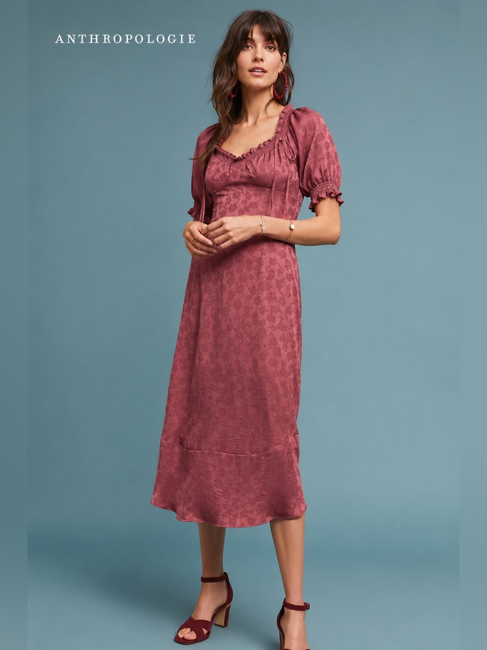 Current Air Mariah Satin Jacquard Midi Dress L Anthropologie Mauve Puff Sleeve